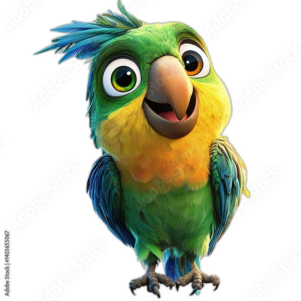 Obraz Brightly Colored Parrot With Green Eyes And Blue Tail Standing On A White Surface