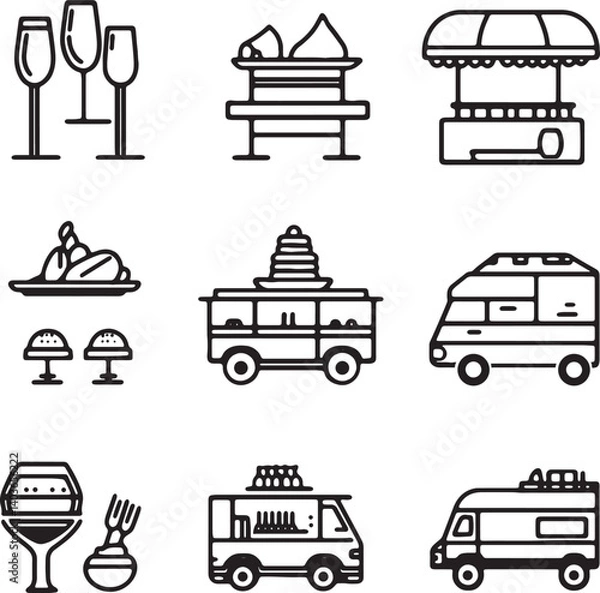 Fototapeta Set of 9 Catering icons minimalist line drawings