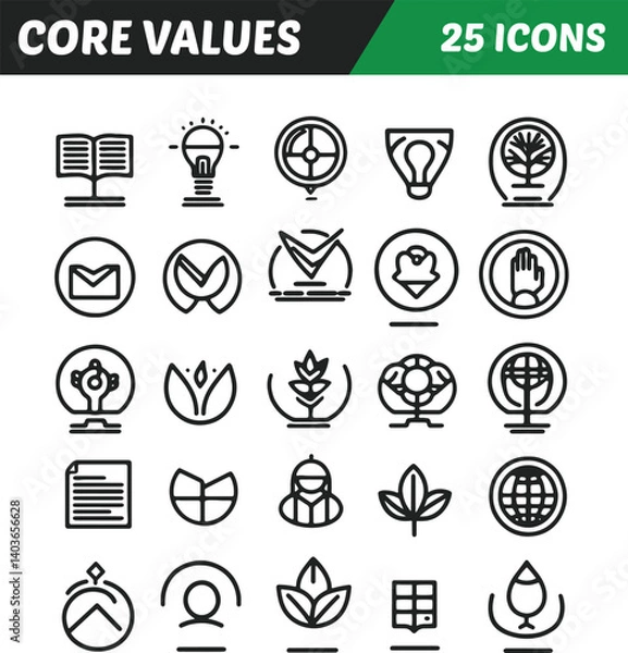 Fototapeta Set of 25 modern line icons representing core values.