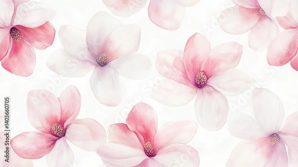 Fototapeta Watercolor painting of pink and white magnolia flowers in a seamless repeat pattern on white background