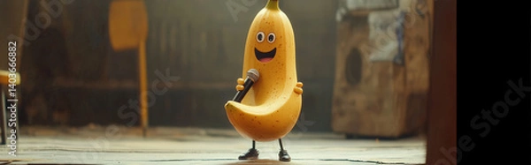 Fototapeta A banana holding a microphone, passionately performing on a tiny stage
