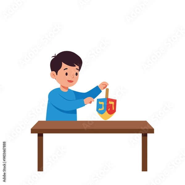 Fototapeta Boy playing with colorful dreidel at a wooden table in flat vector art