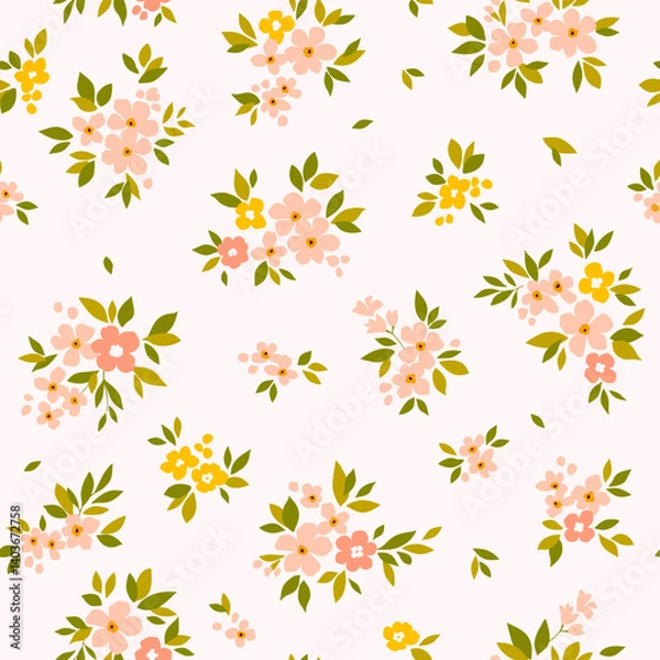 Obraz Seamless floral pattern, cute liberty ditsy print with mini hand drawn flowers in baby motif. Pretty botanical design collection small flowers, tiny leaves in pastel colors. Vector illustration. Stock