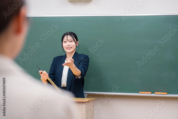 Fototapeta 学校で教壇に立って授業をする若い女性教師