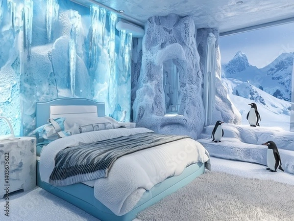 Fototapeta An arctic-themed bedroom, featuring icy decor, a comfortable bed, and playful penguin figures against a backdrop of snowy mountains.