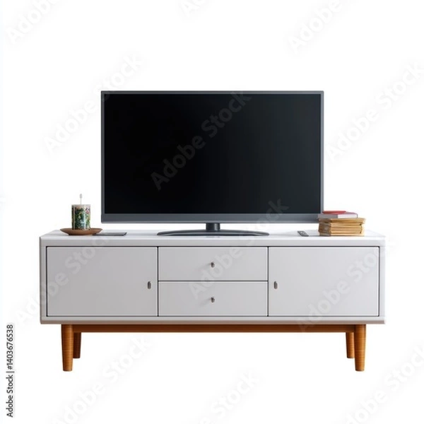 Fototapeta Modern white TV stand with wooden legs and drawers.  A flat screen TV is placed on top.  The style is minimalist and contemporary.