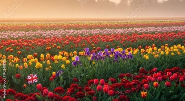 Fototapeta Colorful Tulip and Iris Flower Field with British Flag at Sunrise