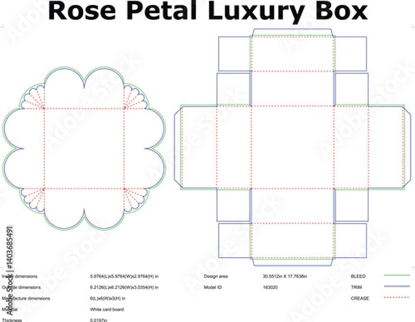 Fototapeta Rose Petal Luxury Box Die Cut Template For Packaging Design And Manufacturing With Dimensions For White Cardboard Material