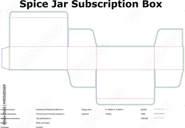 Fototapeta Spice Jar Subscription Box Flat Die Cut Template For Packaging Design With Dimensions And Technical Specifications Included