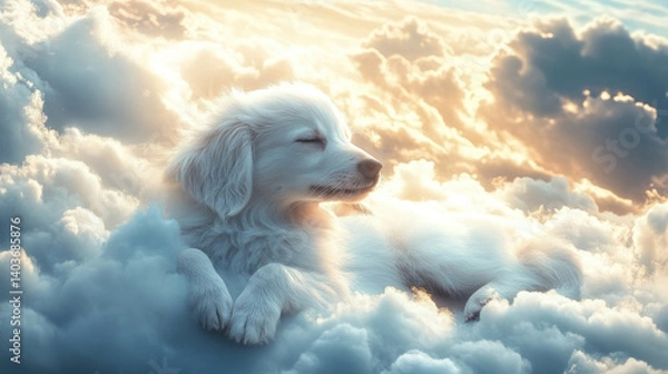 Obraz Dreamy White Puppy Relaxing on Soft Clouds During Sunset