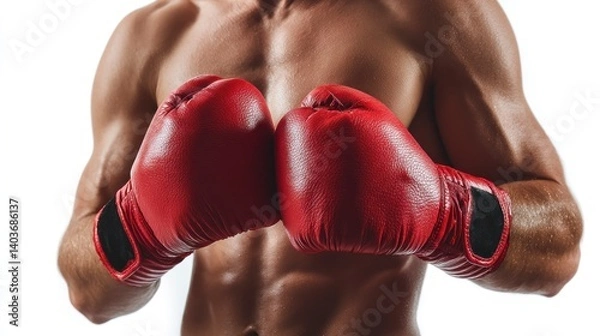 Fototapeta Man Wearing Boxing Gloves Poses with Muscular Torso and Strong Physique