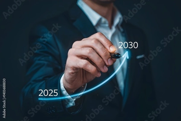 Fototapeta Businessman hand drawing line for increasing arrow from 2025 to 2030 for preparation merry Christmas and happy new year concept. new business, start up on new years