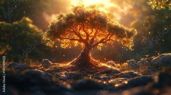 Fototapeta Golden Hour Tree: A Digital Painting of Serenity