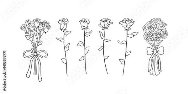 Fototapeta Set of elegant roses and bouquets with bows. Vector hand drawn floral illustration. Whimsical vintage flower branches with leaves in sketch style on isolated background