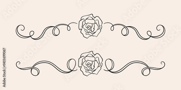 Fototapeta Hand drawn whimsical borders with roses. Vector illustration in vintage sketch style. Elegant decorative quirky elements for holiday designs