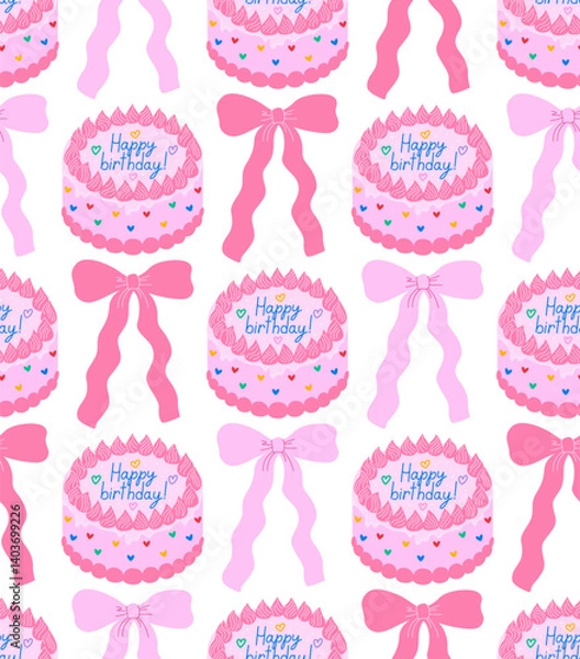 Fototapeta Seamless pattern with pink birthday cakes and cute bows. Vector flat holiday background