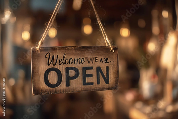 Fototapeta Welcome We Are Open Wooden Sign Best for Cafe Promotions, Local Store Ads