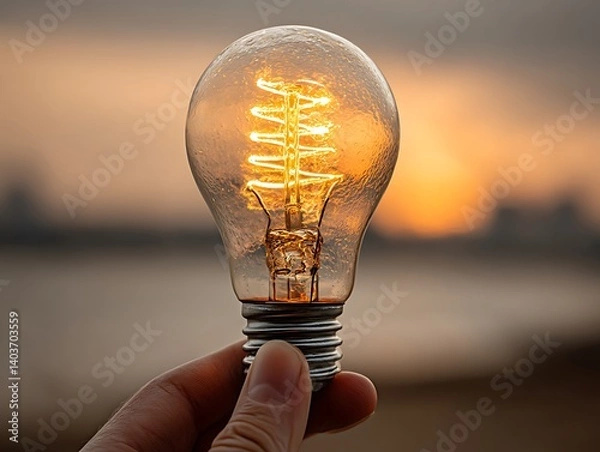 Fototapeta Hand Holding Lightbulb Sunset. (1)