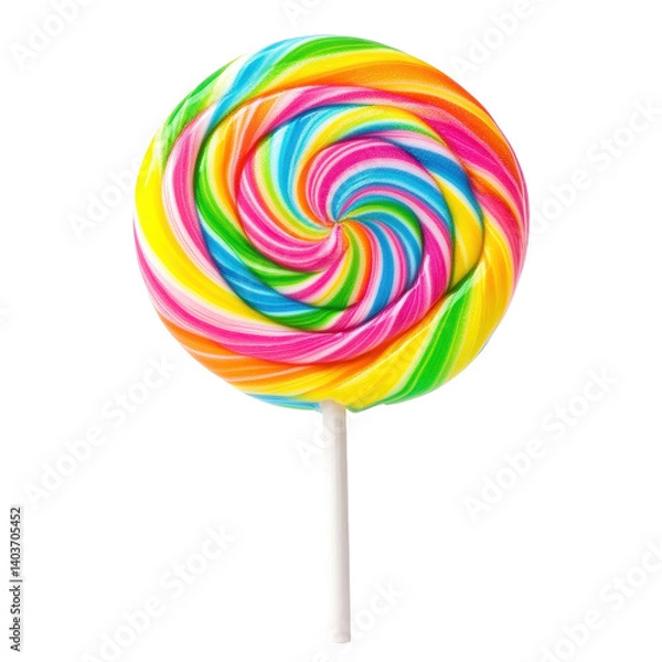 Fototapeta Colorful large round lollipop with vibrant swirls stands isolated on a Transparent background, round colorful large lollipopisolated on PNG backgroundbackground
