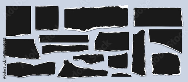Fototapeta Ripped paper sheet. Black torn paper pieces. Collage blank, sharped torned notebook effect. Strip texture edge. Decorative note rough, jagged rips tape for text. Vector set