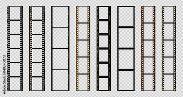 Fototapeta Photo strip frame. Camera roll frames in different styles. Vintage movie filmstrip. Overlay long film border. Photo booth for social media, lifestyle video. Vector set