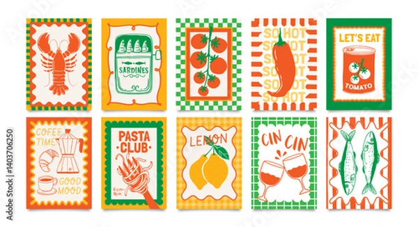 Obraz Food posters. Abstract kitchen card. Dolce Vita culinary composition with pasta, lobster, sardine, coffee in decorative frame. Italian cuisine banner for cafe. Vector set