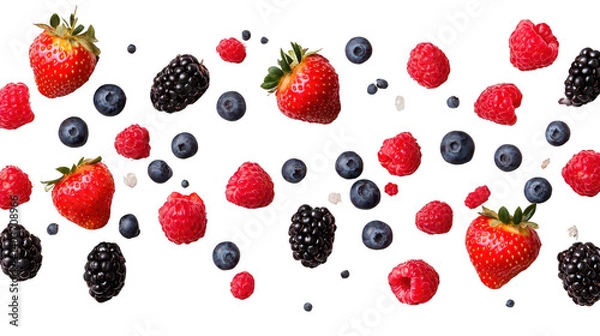 Fototapeta Assortment of vibrant berries scattered against a solid black background