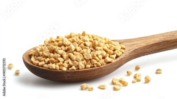 Fototapeta Photo of a stack of nutritional yeast in a wooden spoon, isolated on white.