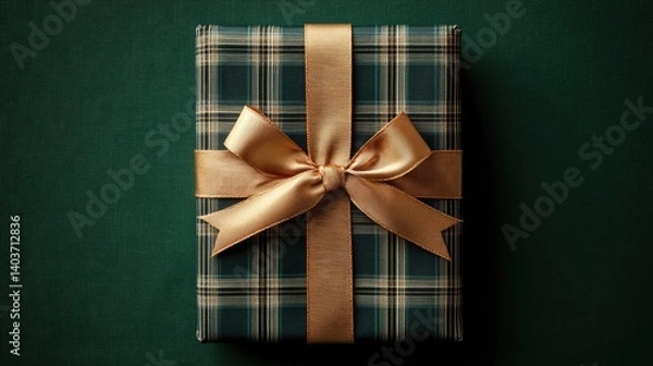 Fototapeta Gift box, plaid pattern tied with ribbon, placed on a green background.
