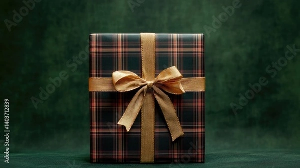 Fototapeta Gift box, plaid pattern tied with ribbon, placed on a green background.