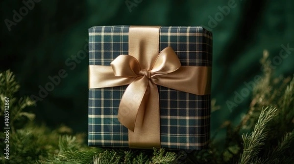 Fototapeta Gift box, plaid pattern tied with ribbon, placed on a green background.
