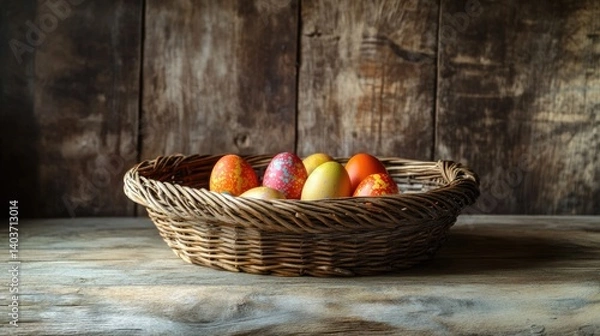Fototapeta Photo of a basket with colorful Easter eggs on a rustic background, generated by AI.