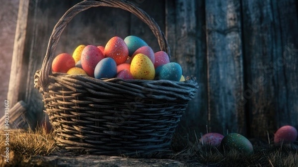 Fototapeta Photo of a basket with colorful Easter eggs on a rustic background, generated by AI.