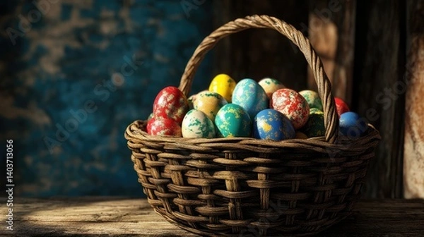 Fototapeta Photo of a basket with colorful Easter eggs on a rustic background, generated by AI.