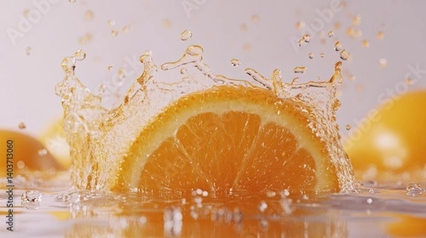 Fototapeta Photo of an orange slice surrounded by water drops, generated by AI.