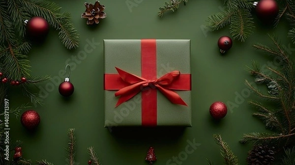Fototapeta Photo of a beautifully wrapped Christmas gift with a red ribbon surrounded by fir branches and balls on a green background.