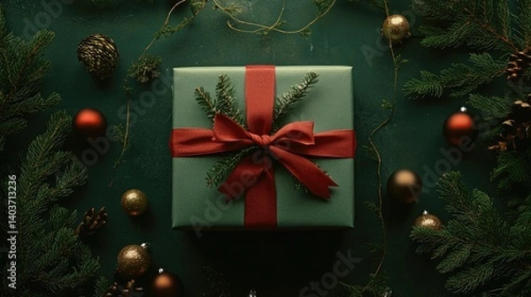 Fototapeta Photo of a beautifully wrapped Christmas gift with a red ribbon surrounded by fir branches and balls on a green background.