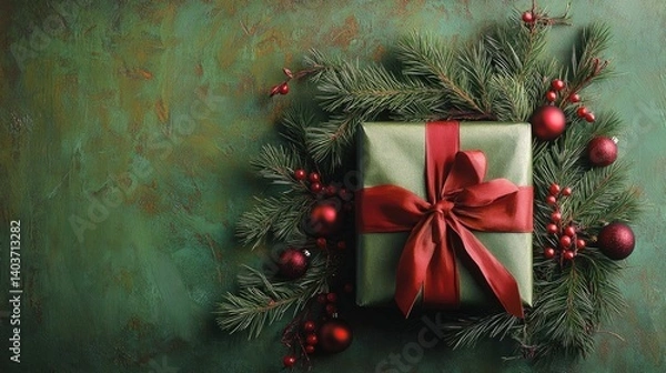 Fototapeta Photo of a beautifully wrapped Christmas gift with a red ribbon surrounded by fir branches and balls on a green background.