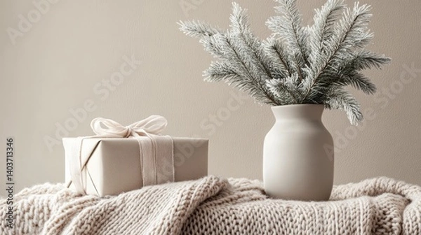 Obraz Minimalist Christmas scene photo with ribbon-wrapped presents, candied pine branches in a vase, and a cozy knitted blanket.