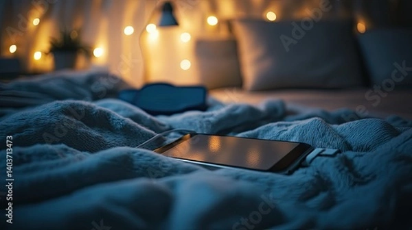 Fototapeta A photo of a smartphone charging on a bed creates a calm and warm atmosphere.