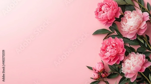 Fototapeta Top view of photo frame and pink peony roses on pastel pink background.
