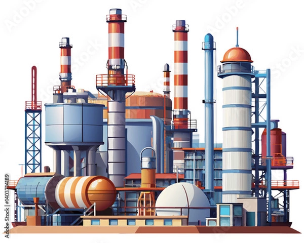 Obraz Vector of a large oil refinery with towers, tanks, and pipelines, isolated on white background.
