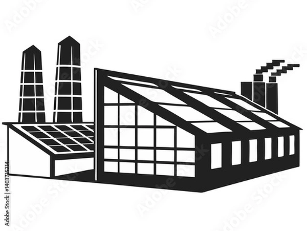 Obraz Vector illustration of a factory using solar panels for energy production, isolated on white background.
