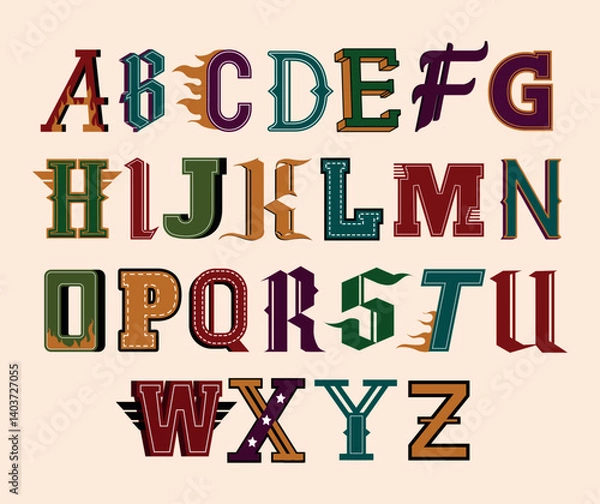Fototapeta Varsity athletic letters. Vintage retro alphabet letters for patches, sport print and embroidery. Design elements for typography. Flat vector illustration collection isolated on background