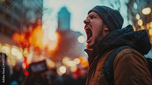 Fototapeta Angry Person Shouting in a Crowded Urban Environment at Dusk