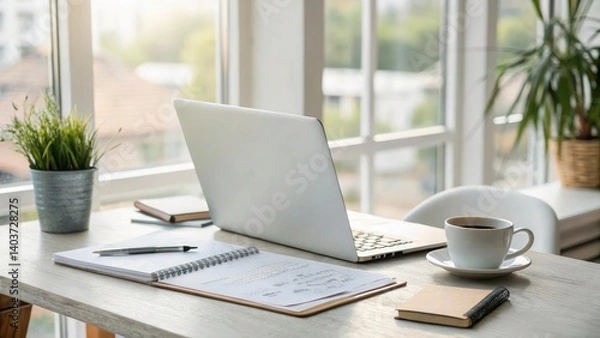 Obraz A clean, modern office desk setup featuring a opened laptop, a notepad with handwritten notes. cup of coffee on laptop