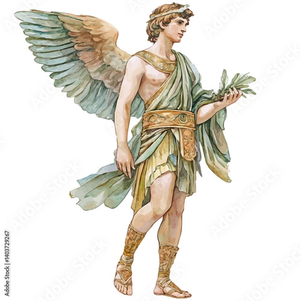 Fototapeta Greek God Hermes With His Winged Sandals, watercolor vector, isolated on a white background.
