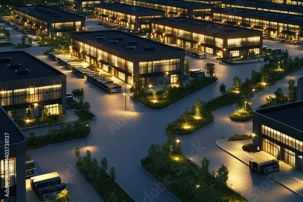 Fototapeta A modern industrial complex with rows of high-capacity warehouses illuminated loading docks a ly maintained landscape with green energy integration