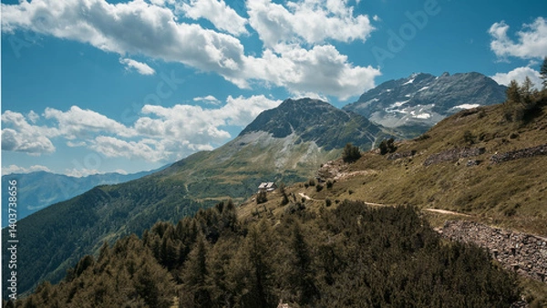 Obraz majestic alpine trail in bernina Alps, snowcapped peaks and charming mountain hut