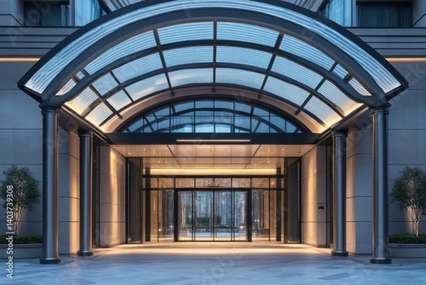 Fototapeta A modern luxury hotel entrance with an arched glass canopy elegant steel columns sophisticated creating a yet opulent feel